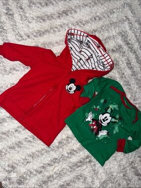 3-6m Vintage Mickey Mouse Red Hooded Jacket & Green Long-Sleeve Top Disney